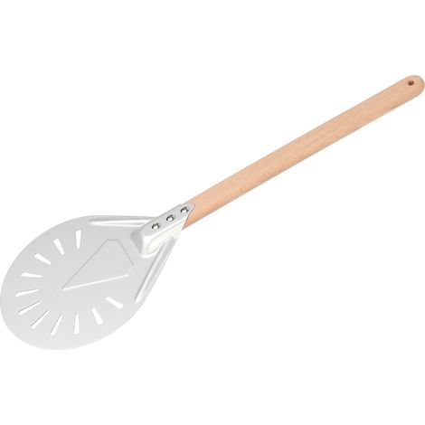 Spatule à pizza ronde en aluminium perforée avec manche en bois amovible, mini spatule à pizza, outil à pizza rond et court, spatule à pizza perforée de 20 cm avec manche en bois antidérapant. (1/5)