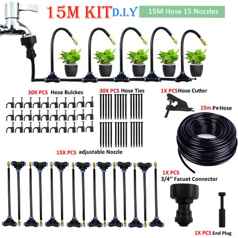 Kit brumisateur 15m avec 15 buses orientables en laiton, tuyau PE 8mm anti-UV, système d'arrosage pour jardin et terrasse (1/5)
