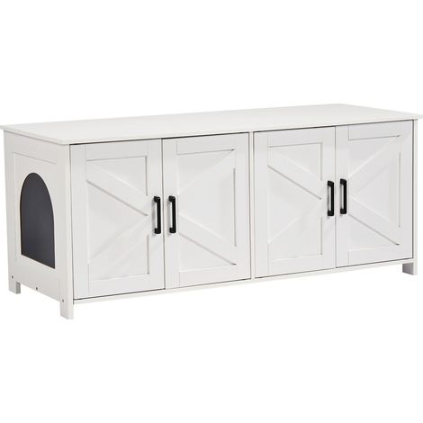 Meuble Cache-Litière pour 2 Chats, Double Compartiment en Bois, Blanc, 120x47x50 cm (1/5)
