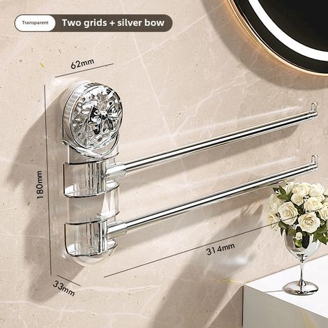 Porte-serviettes mural pivotant transparent à 2 barres avec 1 nœud argenté, non perforé, multifonctionnel, pour toilettes. (1/5)