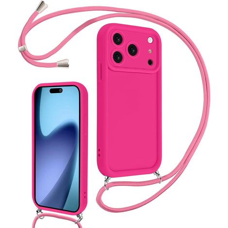 Coque pour iPhone 壹柒 Pro 6,3" avec Cordon de Collier Réglable, Etui Protection de la Caméra Silicone Souple TPU Antichoc Housse avec Corde Lanyard Cover pour Femmes Filles, Rose Rouge (1/5)