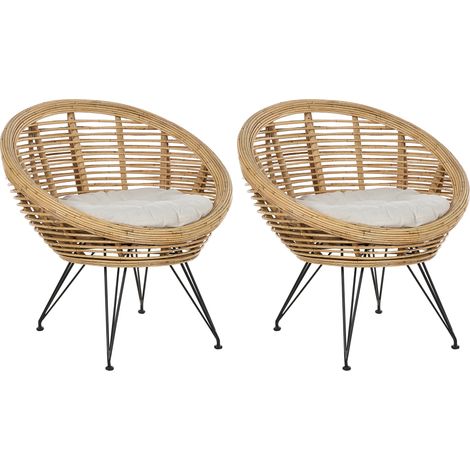 Conjunto de 2 sillas boho ratán beige claro cojín tela algodón resistencia media interior natural Maratea