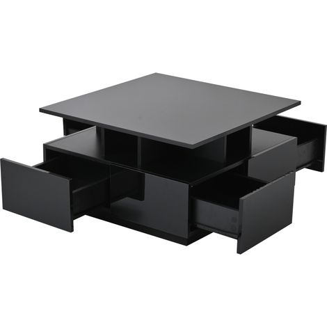 Mesa de centro negra 70 x 70 x 40 cm con LED, 4 cajones y diseño geométrico (1/5)