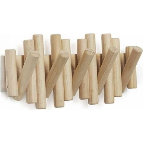 Wall-mounted coat rack with 5 hooks, made of natural wood, 37.1 x 16.5 x 4.4 cm (1/5)