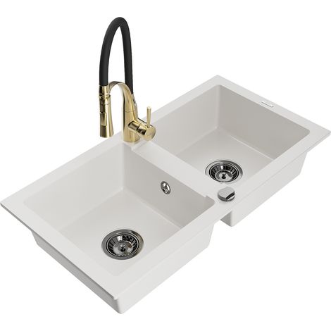 Mexen Mario fregadero de granito de 2 compartimentos con grifo de cocina Aster, blanco - 6504-20-73450-57-B (1/5)