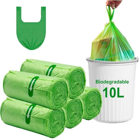 Paquete de 100 bolsas de basura biodegradables de 10 litros, pequeñas bolsas compostables con asa, bolsas de basura biodegradables gruesas para cocina, oficina, baño, 45 x 60 cm (1/5)