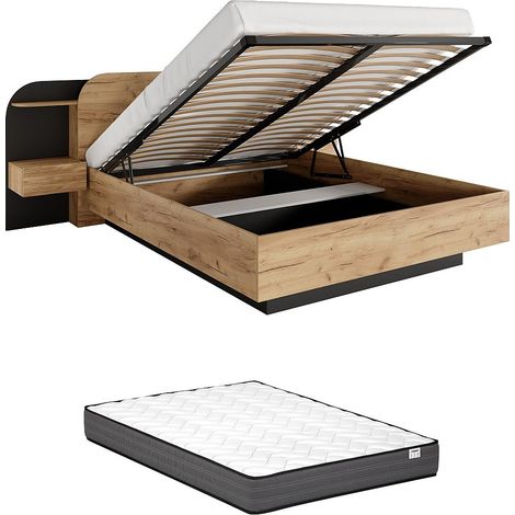 Lit coffre avec chevets 160 x 200 cm - Avec LEDs - Coloris : Naturel et noir + Matelas - JUVISIA