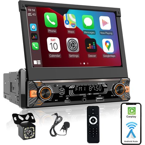 Autoradio 1 Din avec écran tactile (7" Motorisé Rétractable) Compatible avec CarPlay/Android Auto Bluetooth Radio AM/FM/RDS Type-C USB (charge rapide 3A) Caméra de recul AUX SD (1/5)