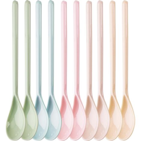 10 cuillères en plastique colorées à long manche, réutilisables et anti-gouttes, idéales pour mélanger le café, les desserts, les boissons, les œufs et la crème glacée. (1/5)