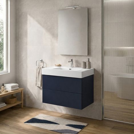 Mobile bagno sospeso 70 cm blu due cassetti push-pull e lavabo in resina Tierra (1/5)