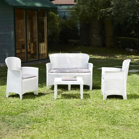Set Salon d'extérieur, Salon de Jardin composé de 2 fauteuils, 1 canapé et 1 Table Basse, Coin Salon Effet rotin avec Coussins, Blanc (1/5)