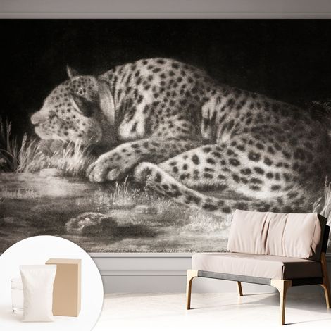 Tapete Vliestapete mit Kleber - abwaschbar - Tapete mit Motiv - trendige Wanddeko - elegant Fototapete Ruhender Leopard 312x219 cm (1/5)