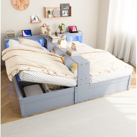 Letto multifunzione 90/180x200 cm grigio in legno e MDF con LED, prese integrate e contenitore idraulico (1/5)