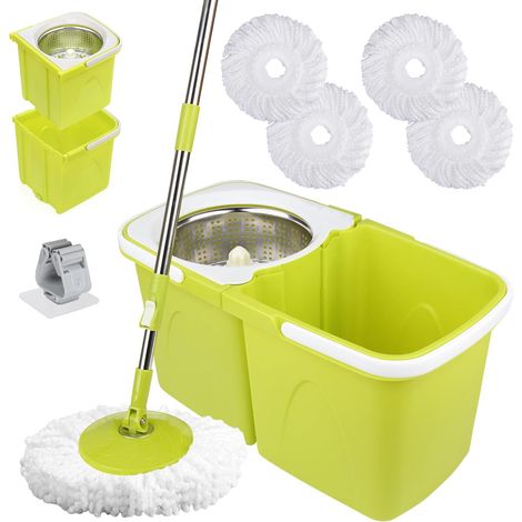 Serpillière avec Seau Essoreur et Balai Rotatif – Ensemble Balai Serpillère pour Lavage du Sol Seau Double Compartiment avec Essorage Automatique 4 Têtes de Rechange et 1 Support de Balai (1/5)