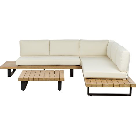 Conjunto de sala de estar esquinero 5 plazas de madera de acacia blanco crema mesa Mykonos (1/5)