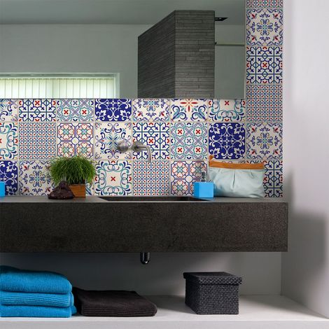 Sticker Mural Carrelage adhésif Cuisine Salle de Bain - 9 STICKERS CARREAUX DE CIMENT AZULEJOS ANGELINO - 9stickers15x15cm (1/5)