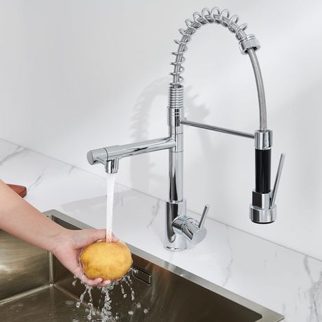 Küchenarmatur mit Spiralfeder 360° Schwenkbar 2 Sprühmodi, Ausziehbare Dusche, Silber