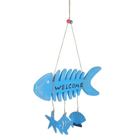 Panneau de Bienvenue Forme Os de Poisson en Bois Bleu Suspendu Style Méditerranéen Décoratif pour Porche et Jardin Avant (1/5)