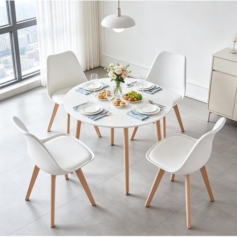 Ensemble table ronde 80x80x75 cm en bois et plastique blanc, 4 chaises pour salle à manger – MEUBLIV (1/5)