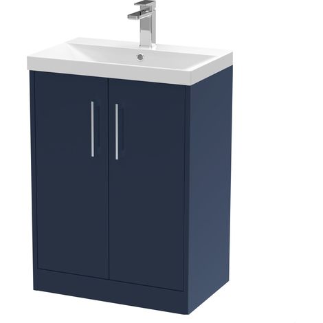 Winshill Contemporary 2 Door Floor Standing Vanity Unit with Thin Edge Basin, Dark Blue, 600mm (1/4)
