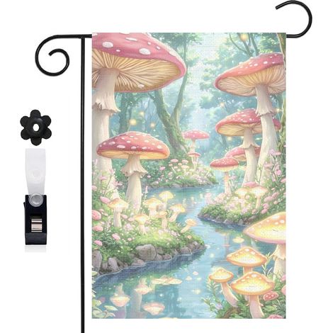 Drapeau de jardin 30 x 45 cm motif champignons et ambiance boisée toile double face pour extérieur (1/5)