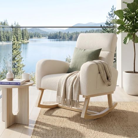 Rocking chair Beige polaire Teddy avec pieds en bois massif - Fauteuil d'allaitement avec poches latérales - chaise berçante confortable pour salon et chambre bébé (1/5)