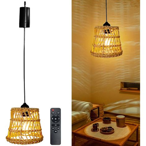 Lampada a sospensione in rattan naturale intrecciato a mano, stile vintage bohémien, luce soffusa, telecomando e timer per la decorazione di interni ed esterni. (1/4)