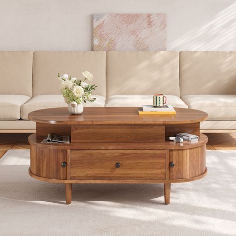 Table Basse Relevable ovale plateau relevable rangement dissimulé mécanisme hydraulique central deux compartiments ouverts (1/2)