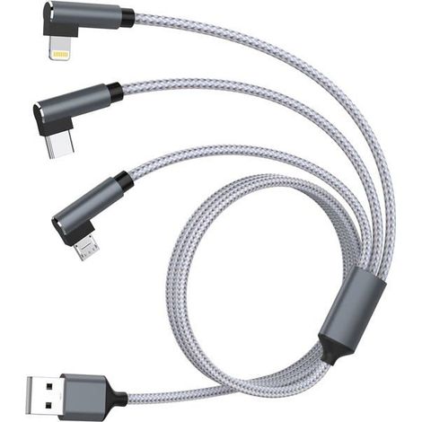 Câble Multi USB 3 en 1 3M, charge rapide 90°, nylon, pour iPhone 16/15, Samsung, Huawei, Xiaomi, iPhone/Micro/USB-C Couleur : Gris (1/5)