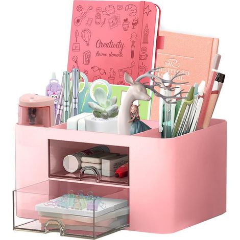 Organisateur de bureau à 7 compartiments - Porte-stylos - Organiseur de bureau avec tiroir - Multifonction - Rose