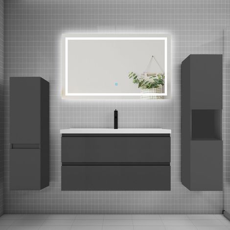 Ensemble meuble de salle de bains 100cm, vasque et colonne et LED miroir,anthracite (1/5)