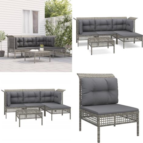 Set Divani da Giardino 5 pz con Cuscini in Polyrattan Grigio - Divano angolare - Cuscino da giardino
