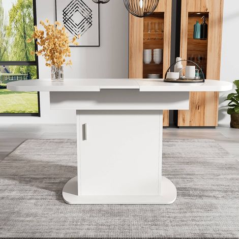 Table ovale extensible 110-130 x 70 x 75 cm blanc, tiroirs intégrés et poignées argentées, style contemporain (1/5)