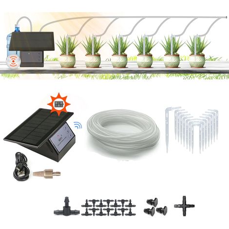 Kit d'irrigation automatique, Kit d'arrosage pour plantes en pot, Ensemble d'outils d'arrosage, Pompe à eau solaire, Adapté aux jardins et terrasses (Blanc, tuyau de 15 m)