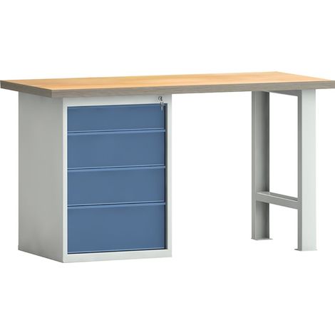 Werkbank PW700 B1500xT700xH840mm Buche Multiplex lichtgrau/brillantblau 4Schubl. (1/4)