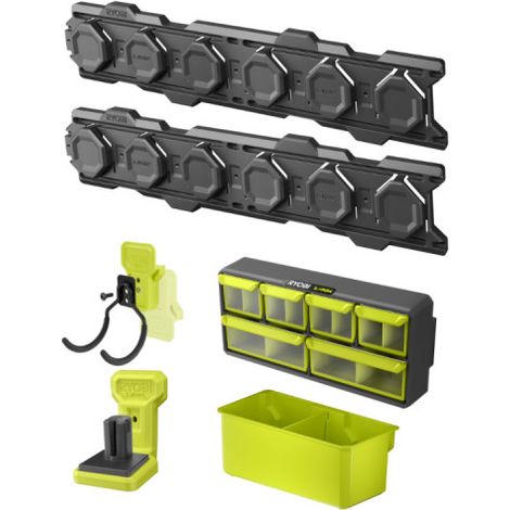 Pack RYOBI LINK System 2 guide a parete - Portautensili - Gancio doppio - Organizzatore - Contenitore doppio