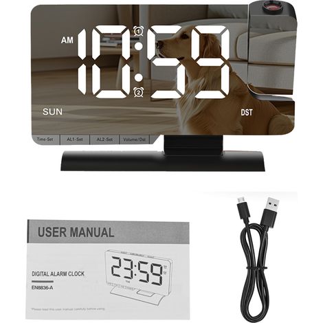 Réveil Digital LED avec Projection, Double Alarme, Ports USB/Type-C, Gradation 6 Niveaux, DST, Snooze, Noir (1/5)