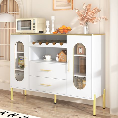 Aparador 120x38x90 cm blanco de MDF con puertas de vidrio, botellero y cajones (1/5)