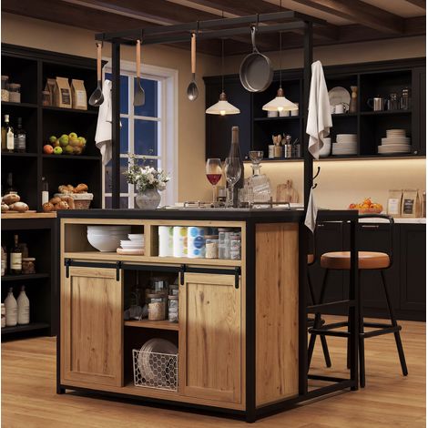 FLORAGRACE Îlot de cuisine 107x62x183 cm en MDF brun avec 2 tabourets, 2 prises + USB, rangement (1/5)