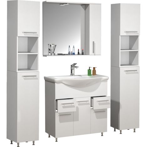 VCM 5pcs Área de lavado  Gabinete inferior de lavabo 75 cm  Conjunto de muebles de baño con lavabo, armario de espejo, 2x gabinete alto  prácticos cajones puertas giratorias  Conjunto completo Lisalo 