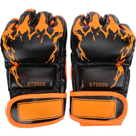 Gants MMA professionnels sans doigts, cuir PU, sac de frappe, boxe Sanda, fond noir, griffes orange (1/5)