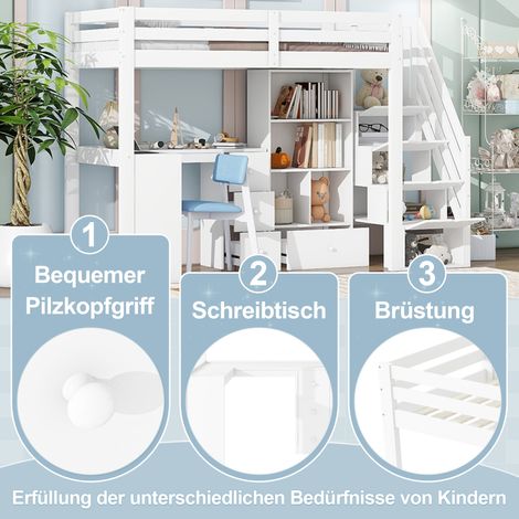 Lit surélevé 90x200 cm sans matelas, rambarde de sécurité, bureau intégré, tiroirs, placard ouvert, échelle escamotable, étagères multiples, certifié EN 747, blanc (1/5)