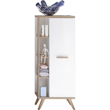 Badezimmer Midischrank MALANJE-66 in weiß glänzend & Riviera Eiche quer Nb. - B/H/T: 50,5/128/33cm (1/5)