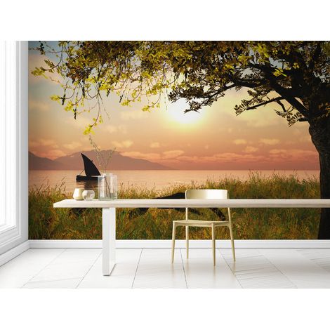 Papier Peint Paysage - Coucher de soleil avec voilier - 150 x 250 cm (1/2)