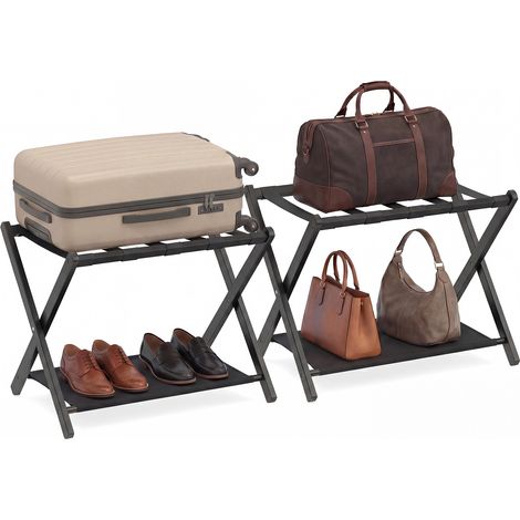 Bamboo Luggage Racks Set of 2 with Nylon Straps and Oxford Cloth Storage Shelves for Bedroom-Black (1/5)