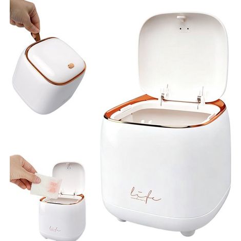 Poubelle de bureau - Petite poubelle - Poubelle à bouton-poussoir - Mini poubelle - Style élégant - Bouton-poussoir - 14,5 cm x 14,5 cm x 15 cm - Blanche - Convient aux bureaux du salon et de la chamb (1/5)