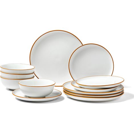 VEVOR Service de table 12 pcs pour 4 personnes, assiettes et bols ronds, vaisselle en ceramique resistante aux rayures, pour lave-vaisselle et micro-ondes, pour desserts, salades, soupes, pates, blanc