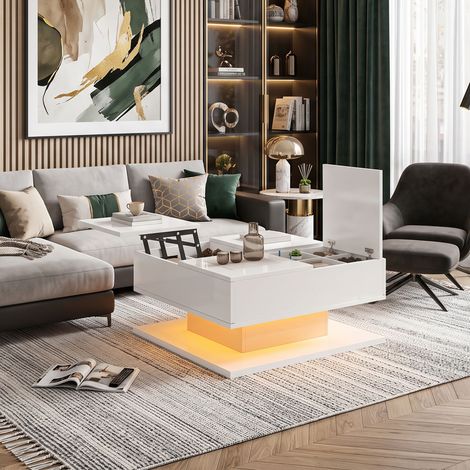 Creahappy Table Basse Relevable 72x72 cm Carrée - Gain de Place avec Tiroirs LED Connectée - Laqué Brillant Contemporain - Blanc (1/5)