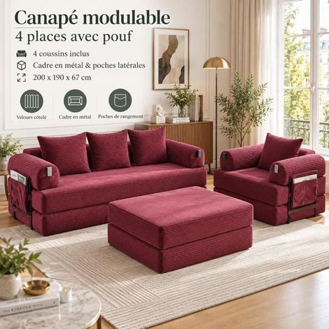 Canapé Convertible 200x190x67cm Velours Côtelé Rouge 4 Places - Canapé-Lit - Modulaire avec Pouf, Mousse Haute Densité, 4 Coussins (1/5)