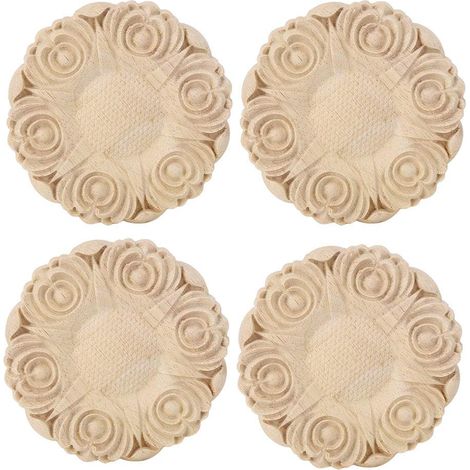 Lot de 4 appliques en bois sculpté rondes de 10 cm pour la décoration de meubles et d'armoires (1/5)